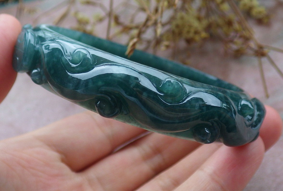 Certified Icy Green Burma 100% Natural A JADE Jadeite Dragon Phoenix Longevity Bangle Bracelet 62 mm 手镯 631591 TN