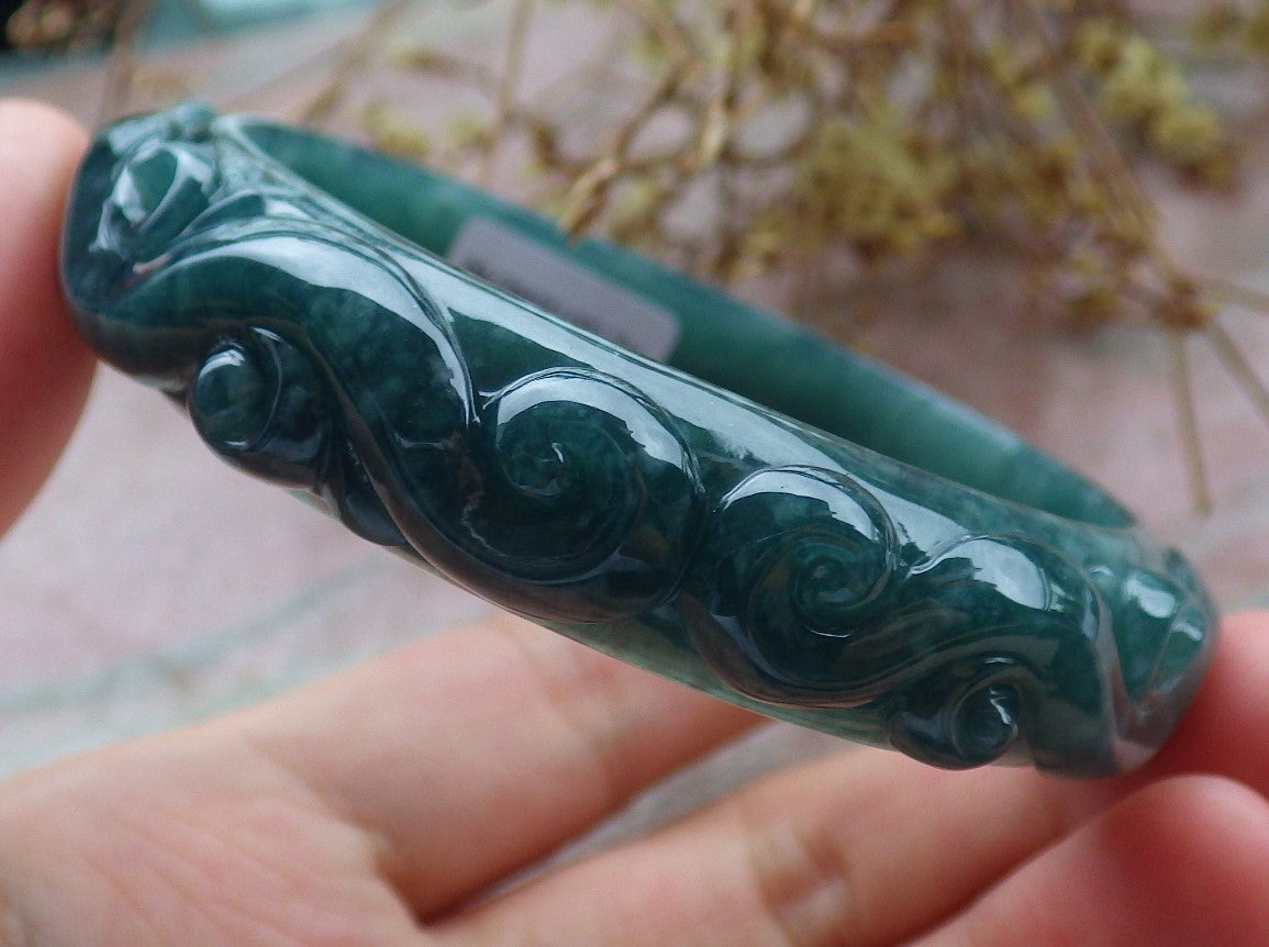 Certified Icy Green Burma 100% Natural A JADE Jadeite Dragon Phoenix Longevity Bangle Bracelet 62 mm 手镯 631591 TN