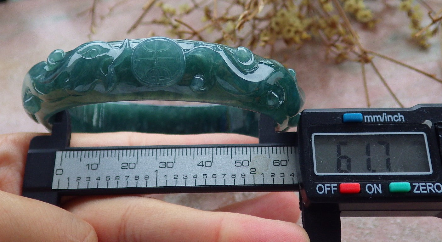 Certified Icy Green Burma 100% Natural A JADE Jadeite Dragon Phoenix Longevity Bangle Bracelet 62 mm 手镯 631591 TN
