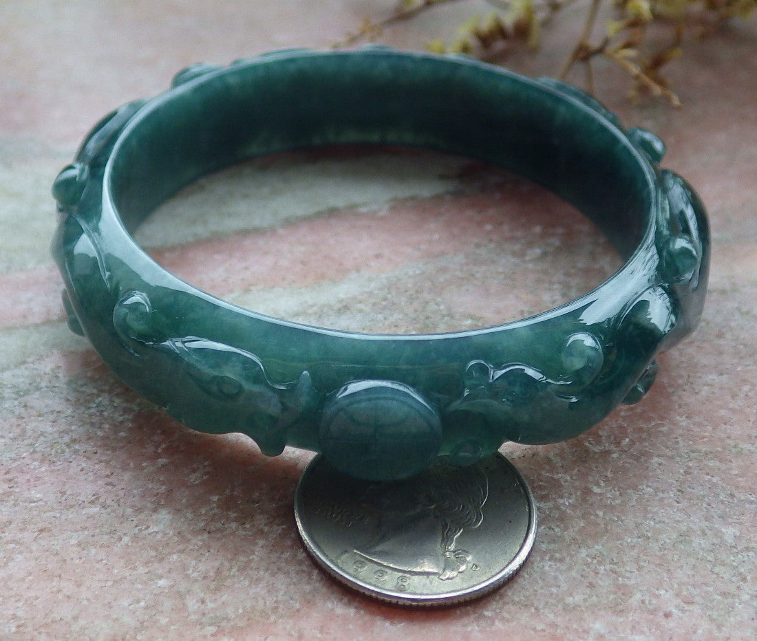 Certified Icy Green Burma 100% Natural A JADE Jadeite Dragon Phoenix Longevity Bangle Bracelet 62 mm 手镯 631591 TN
