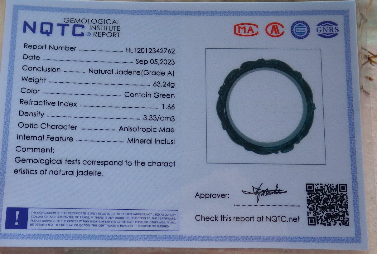 Certified Icy Green Burma 100% Natural A JADE Jadeite Dragon Phoenix Longevity Bangle Bracelet 62 mm 手镯 631591 TN
