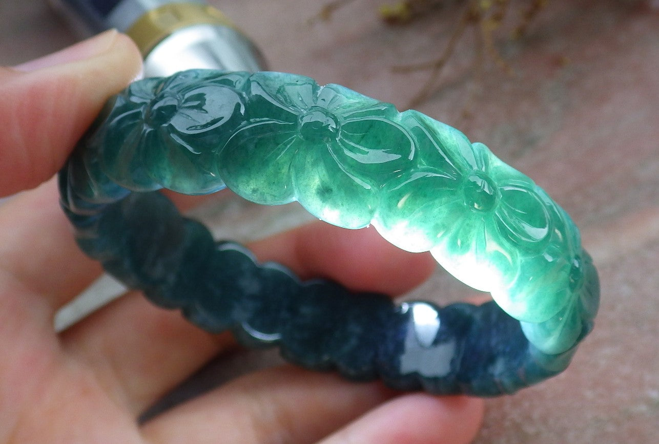 Certified Icy Green Burma 100% Natural A JADE Jadeite Flower Bangle Bracelet 56 mm 手镯 631609 TN