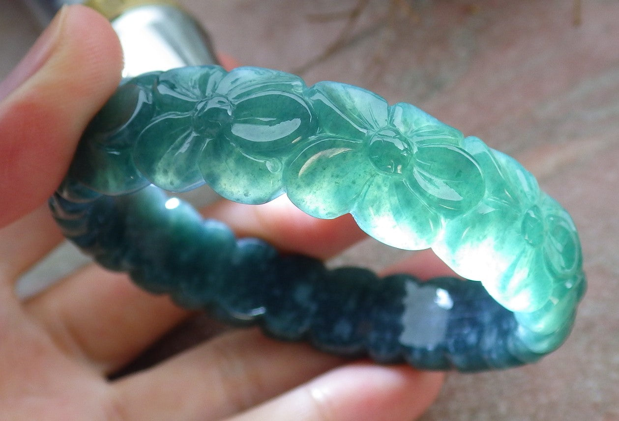 Certified Icy Green Burma 100% Natural A JADE Jadeite Flower Bangle Bracelet 56 mm 手镯 631609 TN