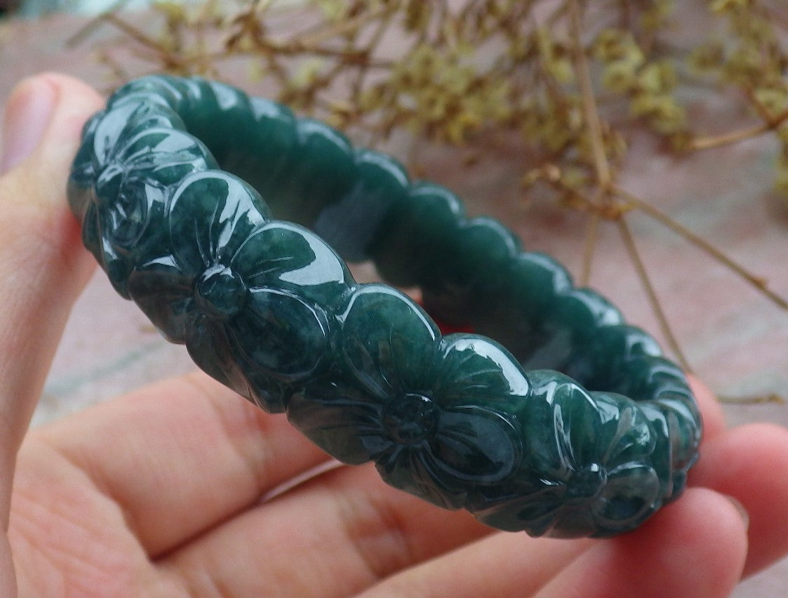 Certified Icy Green Burma 100% Natural A JADE Jadeite Flower Bangle Bracelet 56 mm 手镯 631609 TN