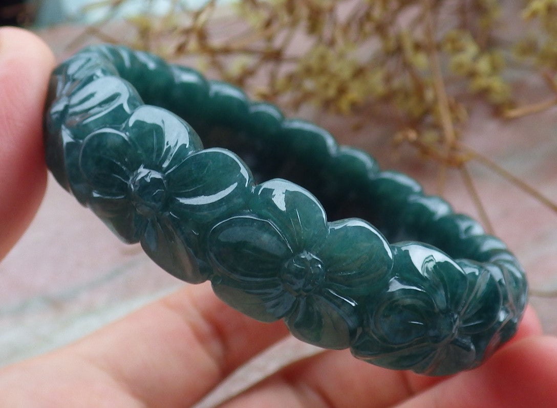 Certified Icy Green Burma 100% Natural A JADE Jadeite Flower Bangle Bracelet 56 mm 手镯 631609 TN