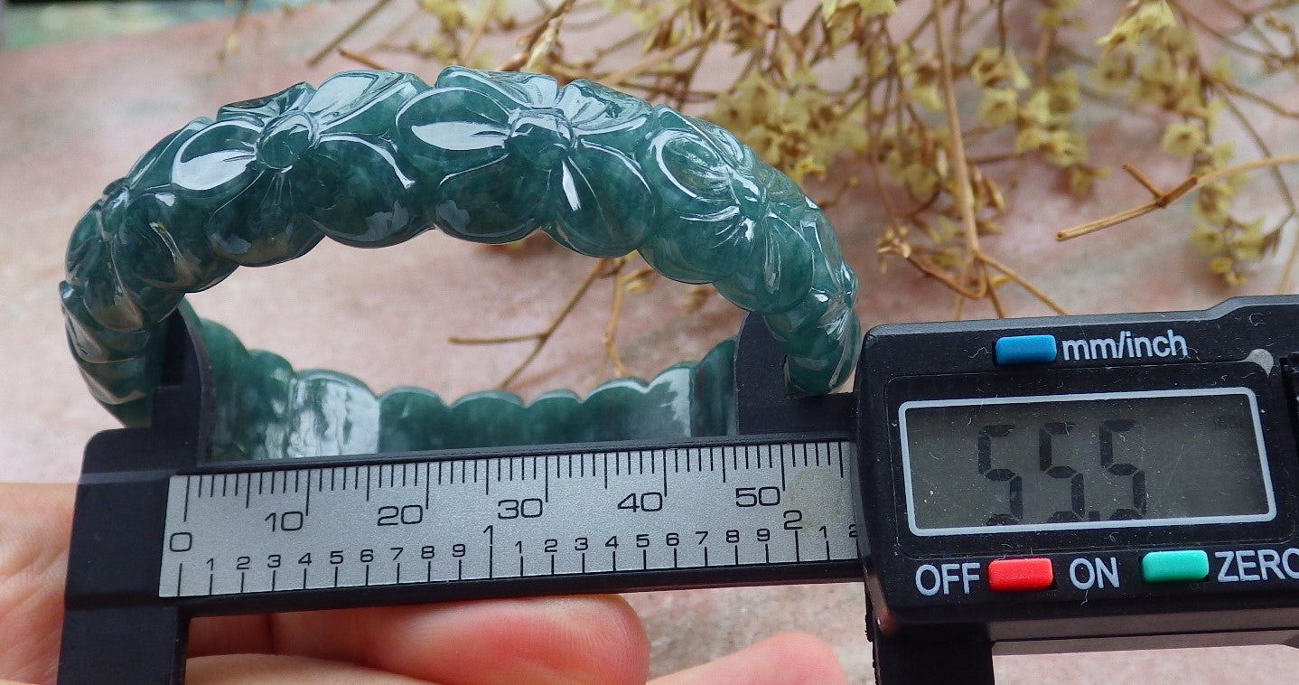 Certified Icy Green Burma 100% Natural A JADE Jadeite Flower Bangle Bracelet 56 mm 手镯 631609 TN