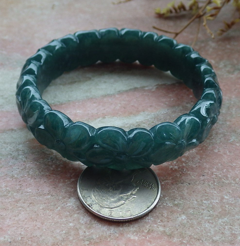 Certified Icy Green Burma 100% Natural A JADE Jadeite Flower Bangle Bracelet 56 mm 手镯 631609 TN
