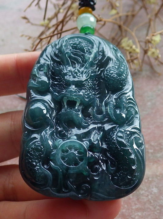 Certified Icy Green Burma 100% Natural A Jade jadeite Pendant Dragon Bead Necklace 生意兴隆 634504  TN