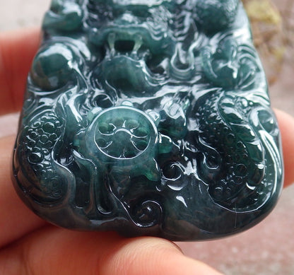 Certified Icy Green Burma 100% Natural A Jade jadeite Pendant Dragon Bead Necklace 生意兴隆 634504  TN