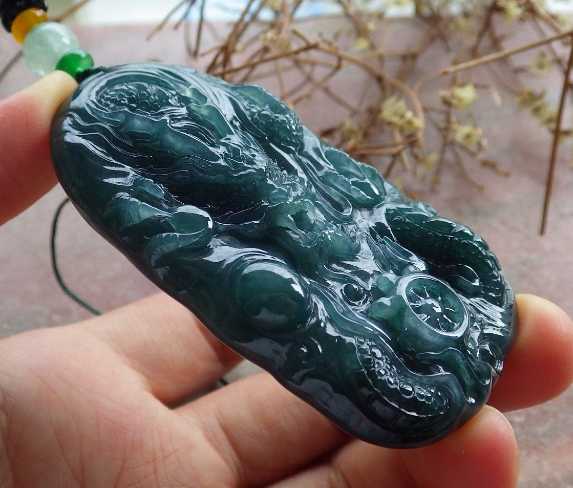 Certified Icy Green Burma 100% Natural A Jade jadeite Pendant Dragon Bead Necklace 生意兴隆 634504  TN