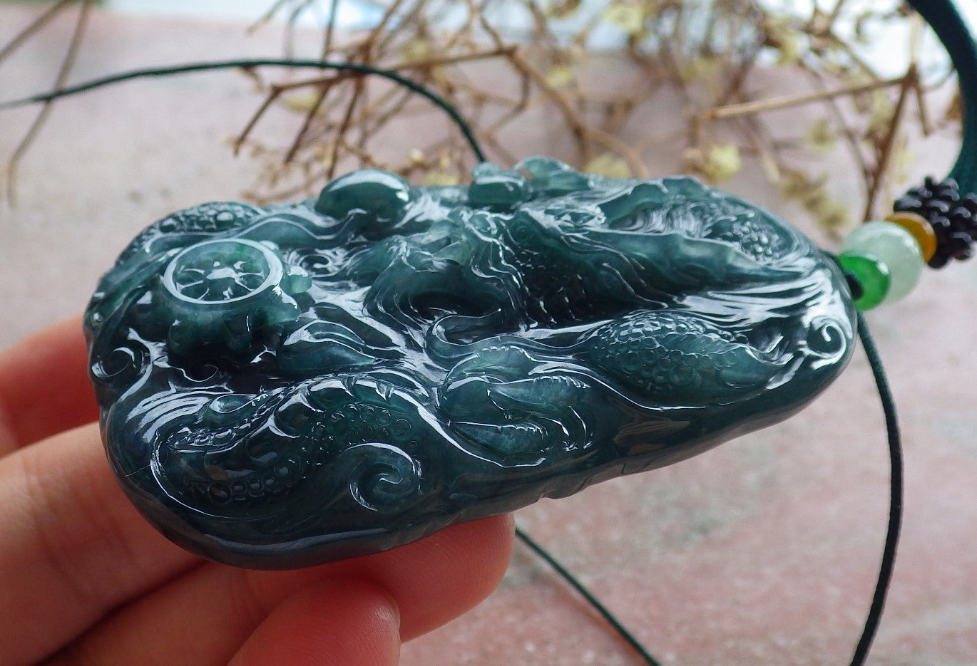 Certified Icy Green Burma 100% Natural A Jade jadeite Pendant Dragon Bead Necklace 生意兴隆 634504  TN