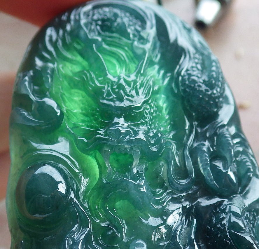 Certified Icy Green Burma 100% Natural A Jade jadeite Pendant Dragon Bead Necklace 生意兴隆 634504  TN