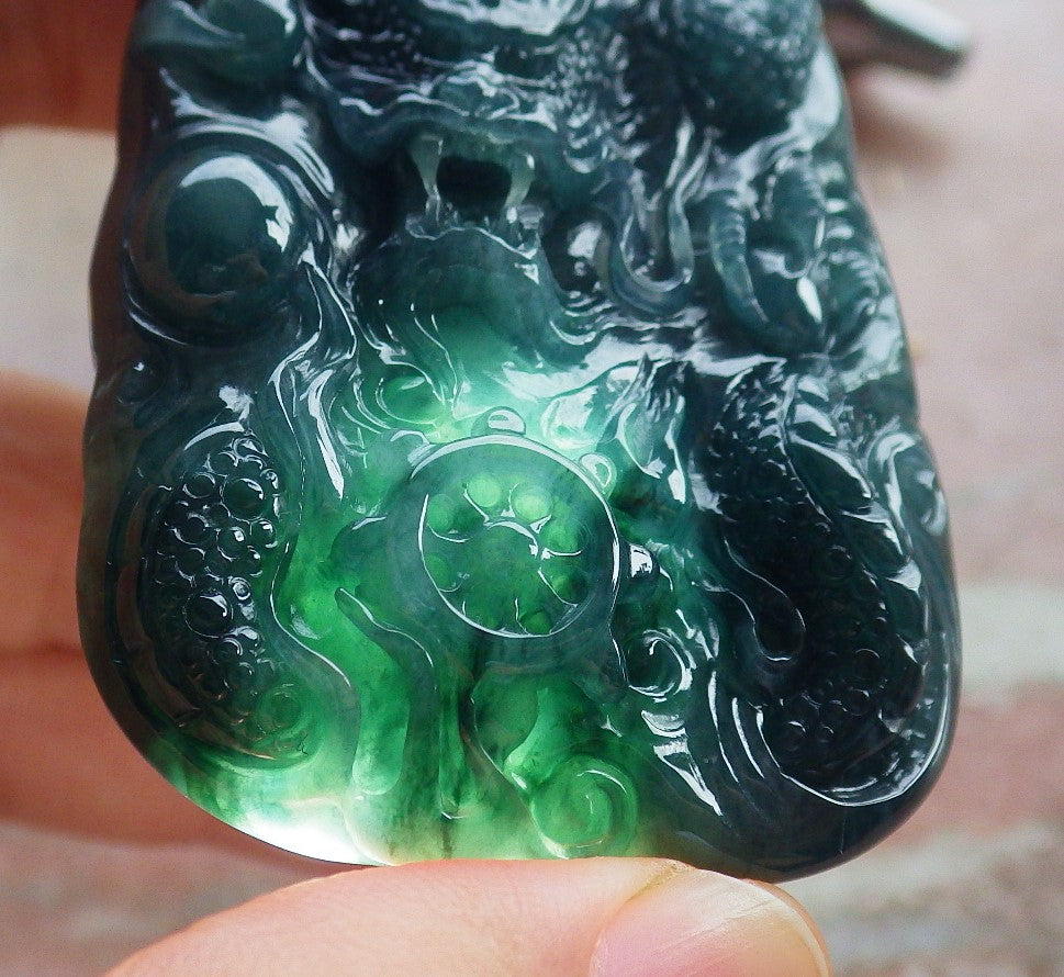 Certified Icy Green Burma 100% Natural A Jade jadeite Pendant Dragon Bead Necklace 生意兴隆 634504  TN