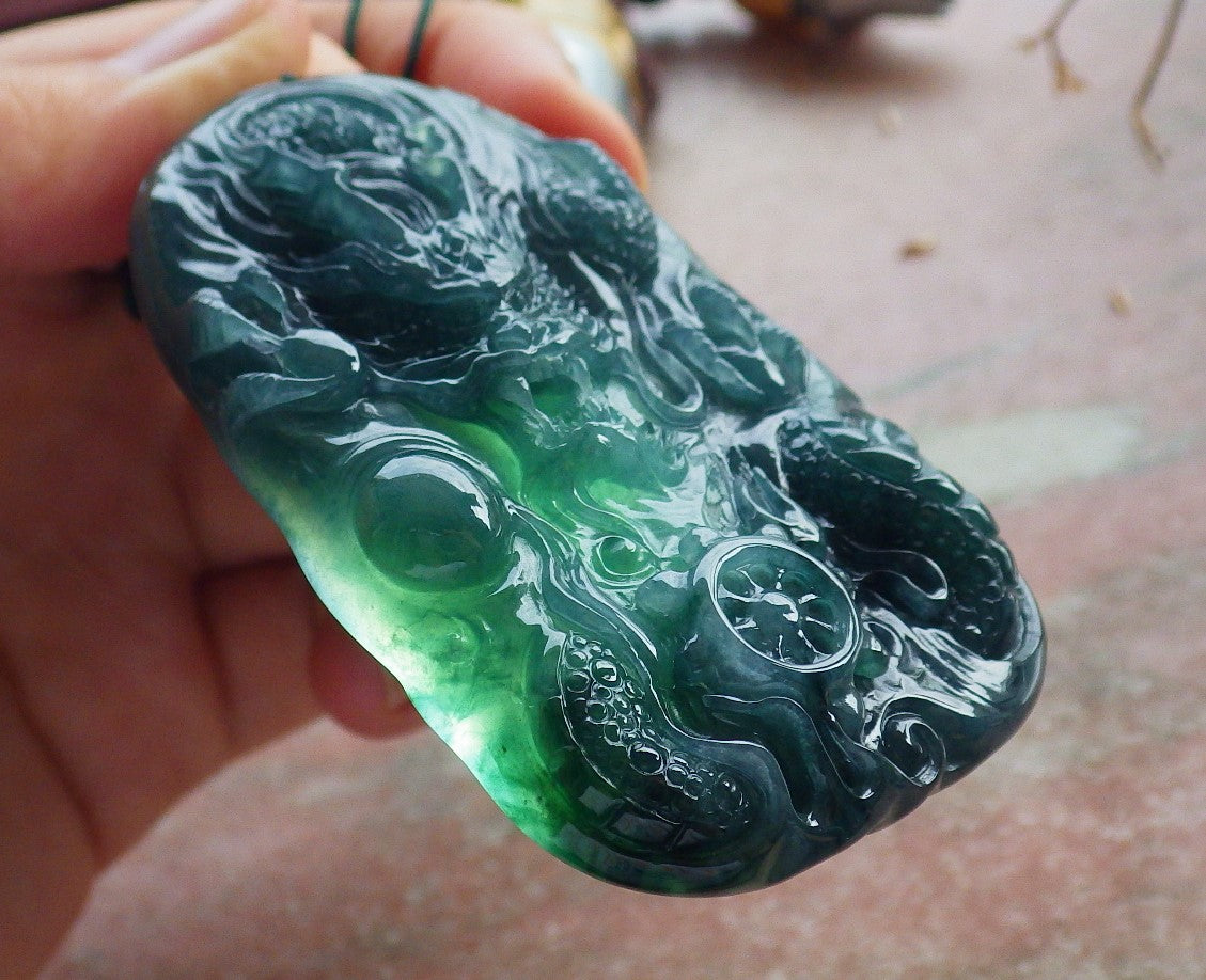 Certified Icy Green Burma 100% Natural A Jade jadeite Pendant Dragon Bead Necklace 生意兴隆 634504  TN