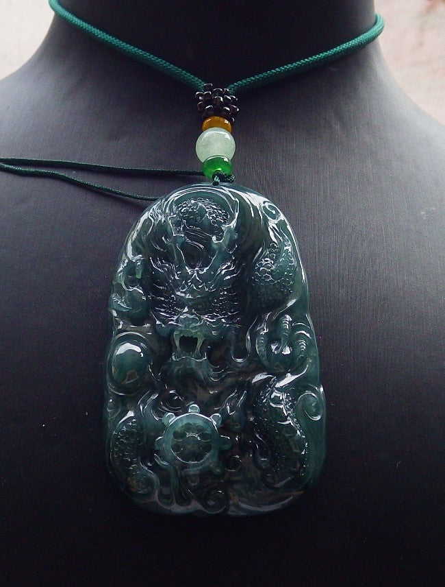 Certified Icy Green Burma 100% Natural A Jade jadeite Pendant Dragon Bead Necklace 生意兴隆 634504  TN