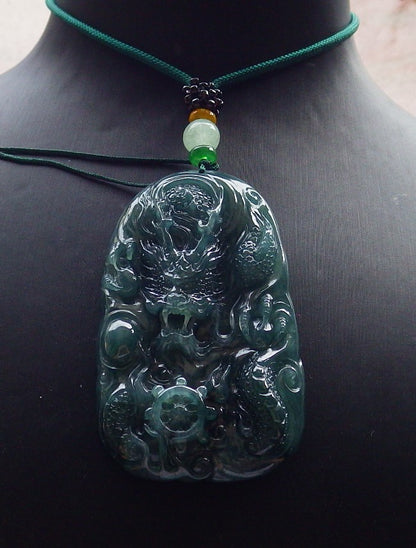 Certified Icy Green Burma 100% Natural A Jade jadeite Pendant Dragon Bead Necklace 生意兴隆 634504  TN