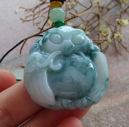 Certified Green Burma 100% Natural A Jade jadeite Pendant Owl Ruyi Necklace 猫头鹰 634530  TN