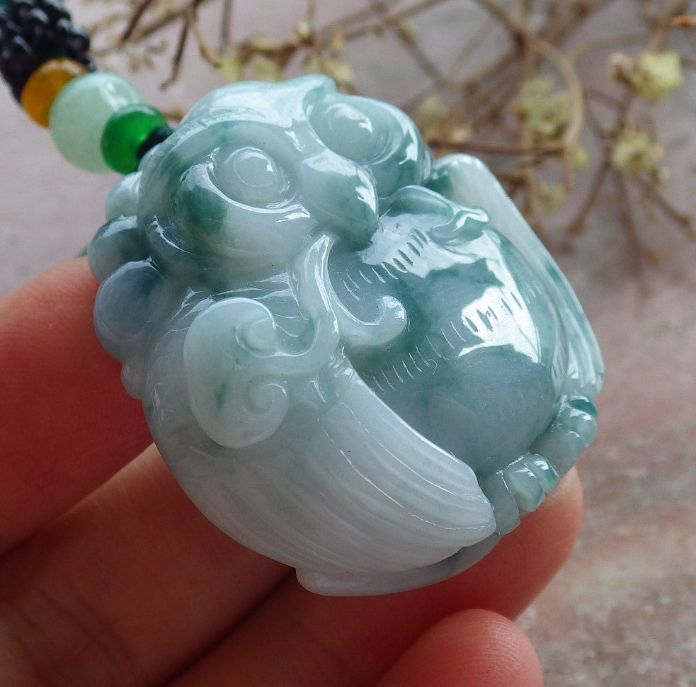Certified Green Burma 100% Natural A Jade jadeite Pendant Owl Ruyi Necklace 猫头鹰 634530  TN