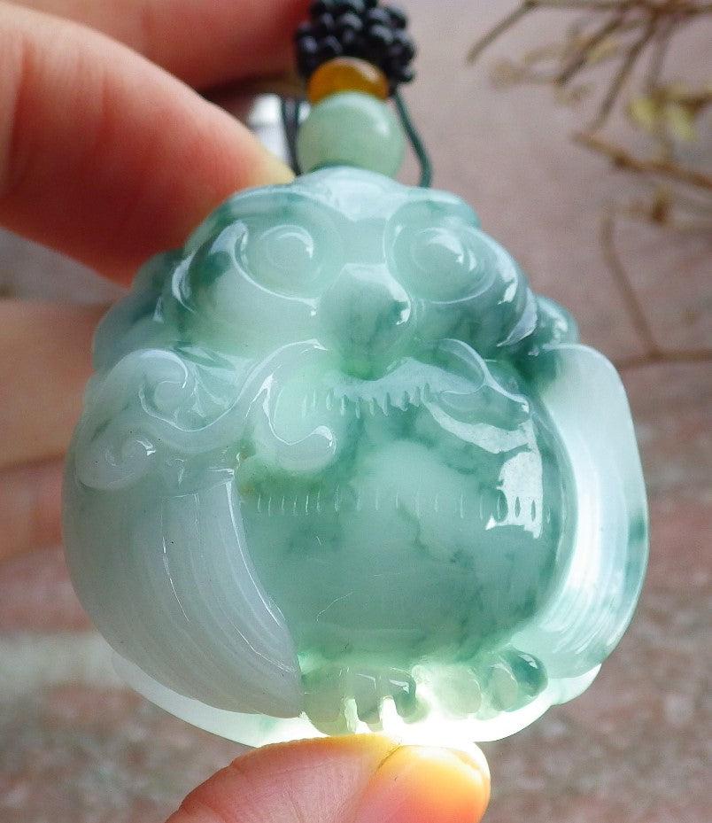 Certified Green Burma 100% Natural A Jade jadeite Pendant Owl Ruyi Necklace 猫头鹰 634530  TN