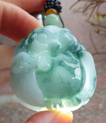 Certified Green Burma 100% Natural A Jade jadeite Pendant Owl Ruyi Necklace 猫头鹰 634530  TN