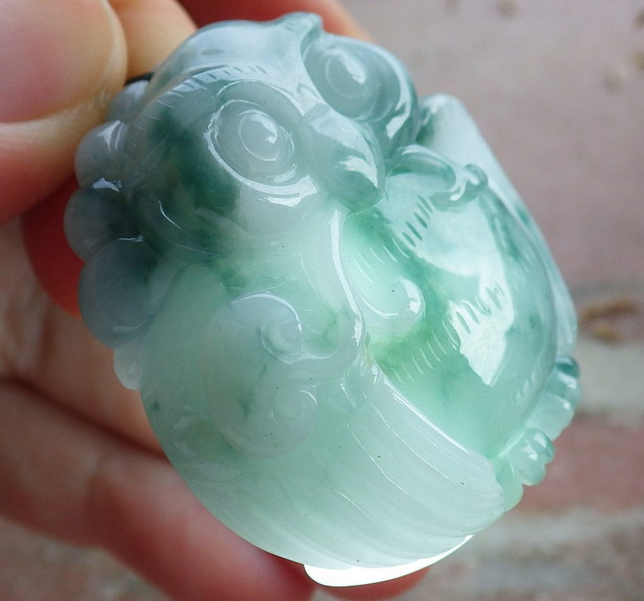 Certified Green Burma 100% Natural A Jade jadeite Pendant Owl Ruyi Necklace 猫头鹰 634530  TN