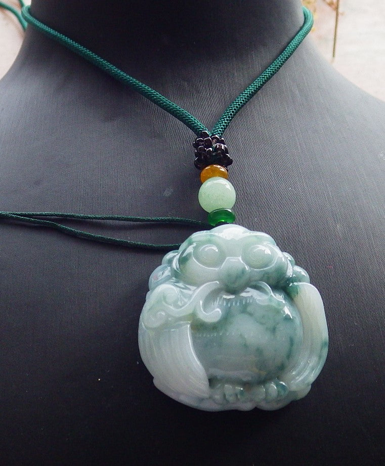 Certified Green Burma 100% Natural A Jade jadeite Pendant Owl Ruyi Necklace 猫头鹰 634530  TN