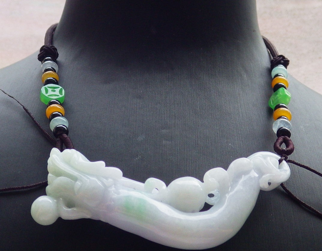 Certified Green Pale Lavender Burma 100% Natural A Jade jadeite Pendant Dragon Coin Bead Necklace 生意兴隆 634538  TN