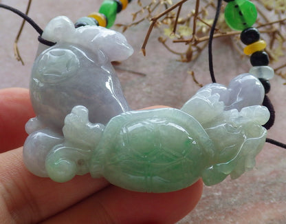 Certified Green Lavender Burma 100% Natural A Jade jadeite Pendant Dragon Turtle Frog Toad Coin Necklace 龙龟 634546  TN
