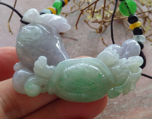 Certified Green Lavender Burma 100% Natural A Jade jadeite Pendant Dragon Turtle Frog Toad Coin Necklace 龙龟 634546  TN