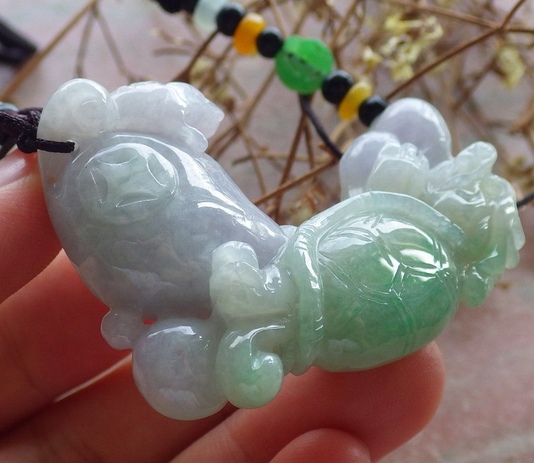 Certified Green Lavender Burma 100% Natural A Jade jadeite Pendant Dragon Turtle Frog Toad Coin Necklace 龙龟 634546  TN