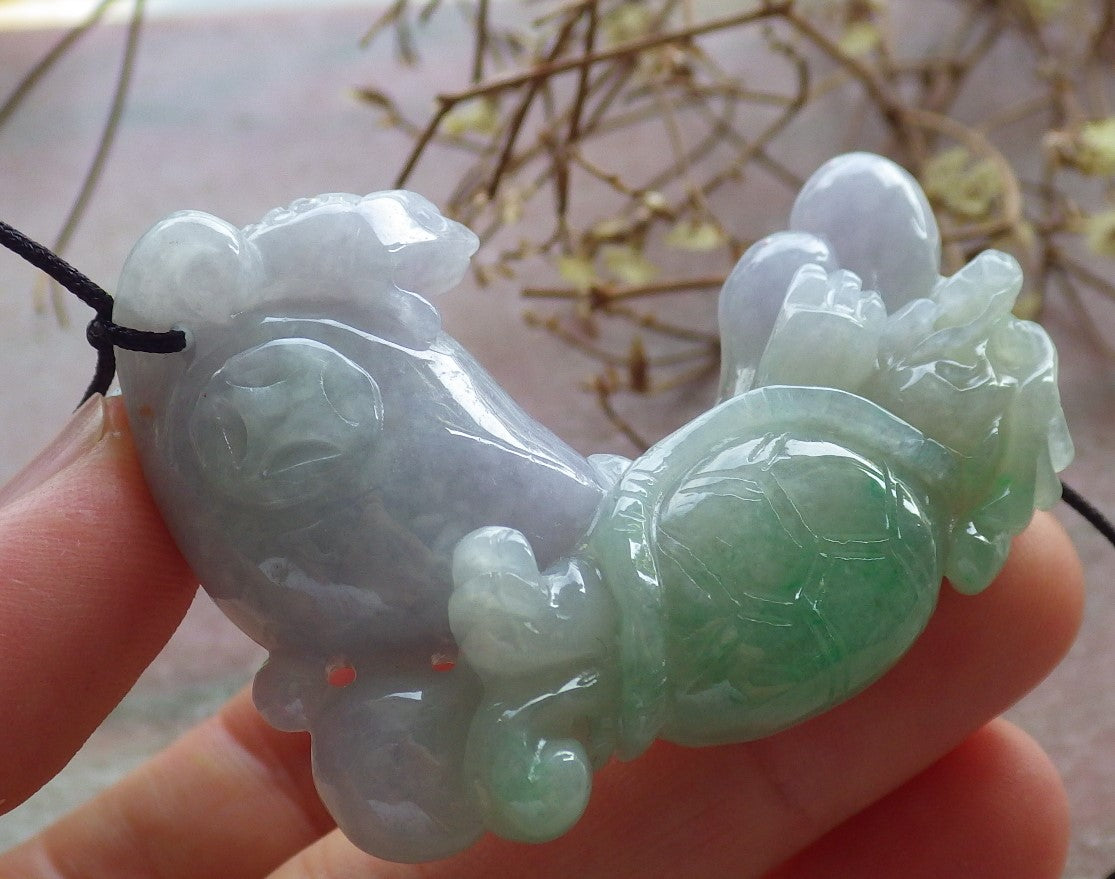 Certified Green Lavender Burma 100% Natural A Jade jadeite Pendant Dragon Turtle Frog Toad Coin Necklace 龙龟 634546  TN