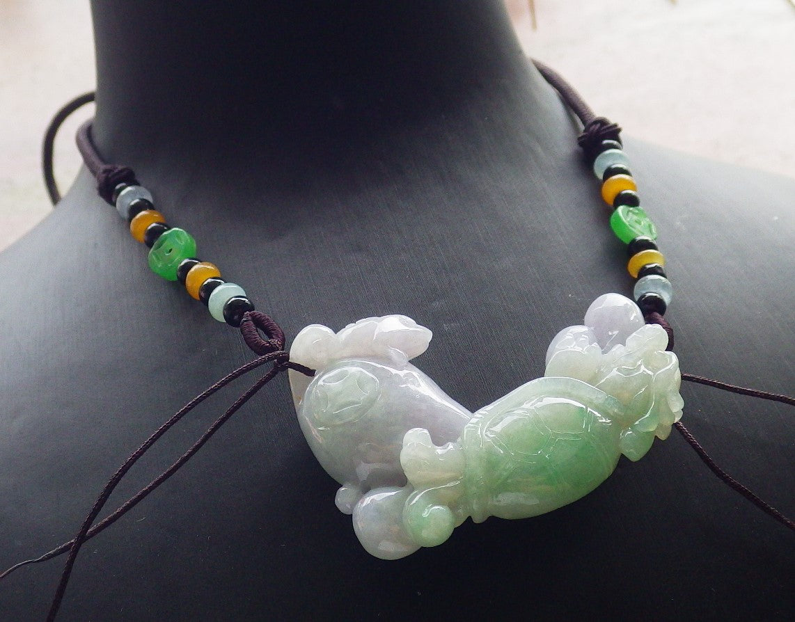 Certified Green Lavender Burma 100% Natural A Jade jadeite Pendant Dragon Turtle Frog Toad Coin Necklace 龙龟 634546  TN