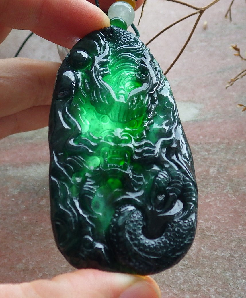 Certified Icy Green Burma 100% Natural A Jade jadeite Pendant Dragon Bead Necklace 生意兴隆 634587  TN