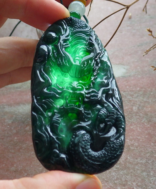 Certified Icy Green Burma 100% Natural A Jade jadeite Pendant Dragon Bead Necklace 生意兴隆 634587  TN