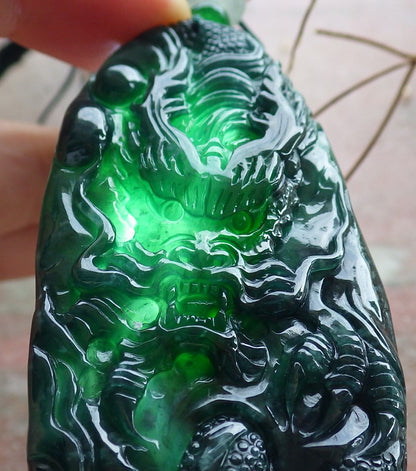 Certified Icy Green Burma 100% Natural A Jade jadeite Pendant Dragon Bead Necklace 生意兴隆 634587  TN