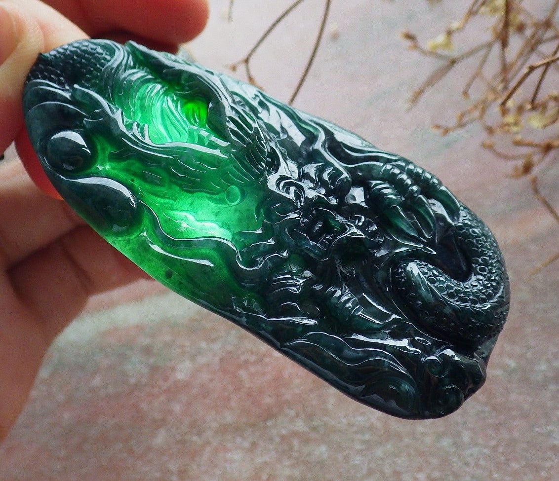 Certified Icy Green Burma 100% Natural A Jade jadeite Pendant Dragon Bead Necklace 生意兴隆 634587  TN