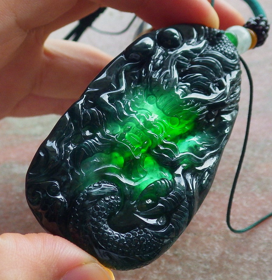 Certified Icy Green Burma 100% Natural A Jade jadeite Pendant Dragon Bead Necklace 生意兴隆 634587  TN