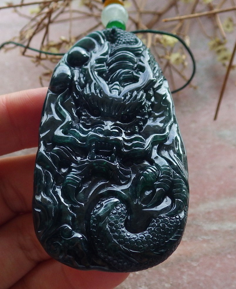 Certified Icy Green Burma 100% Natural A Jade jadeite Pendant Dragon Bead Necklace 生意兴隆 634587  TN