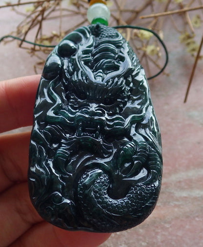 Certified Icy Green Burma 100% Natural A Jade jadeite Pendant Dragon Bead Necklace 生意兴隆 634587  TN