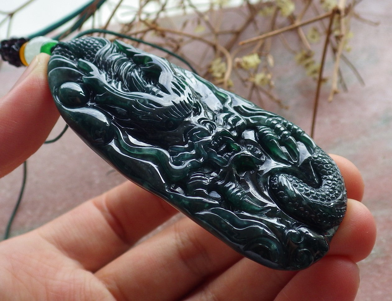 Certified Icy Green Burma 100% Natural A Jade jadeite Pendant Dragon Bead Necklace 生意兴隆 634587  TN