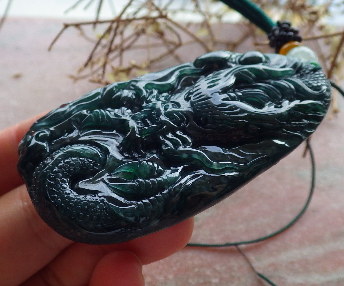 Certified Icy Green Burma 100% Natural A Jade jadeite Pendant Dragon Bead Necklace 生意兴隆 634587  TN
