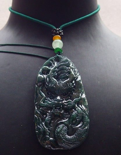 Certified Icy Green Burma 100% Natural A Jade jadeite Pendant Dragon Bead Necklace 生意兴隆 634587  TN