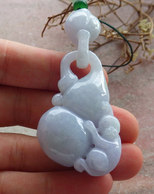 Certified Lavender Green Burma 100% Natural A Jade jadeite Pendant Monkey Gourd Coin W Ring 猴子 634604  TN