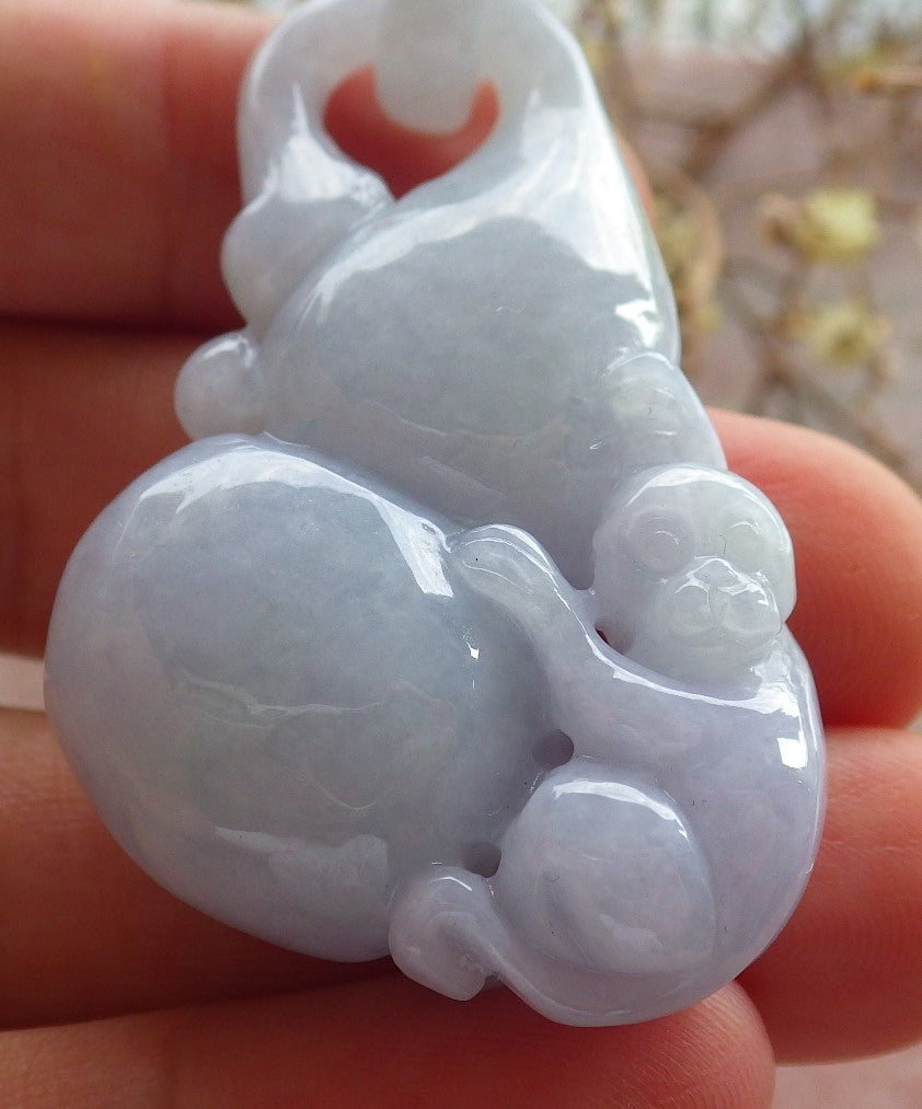 Certified Lavender Green Burma 100% Natural A Jade jadeite Pendant Monkey Gourd Coin W Ring 猴子 634604  TN