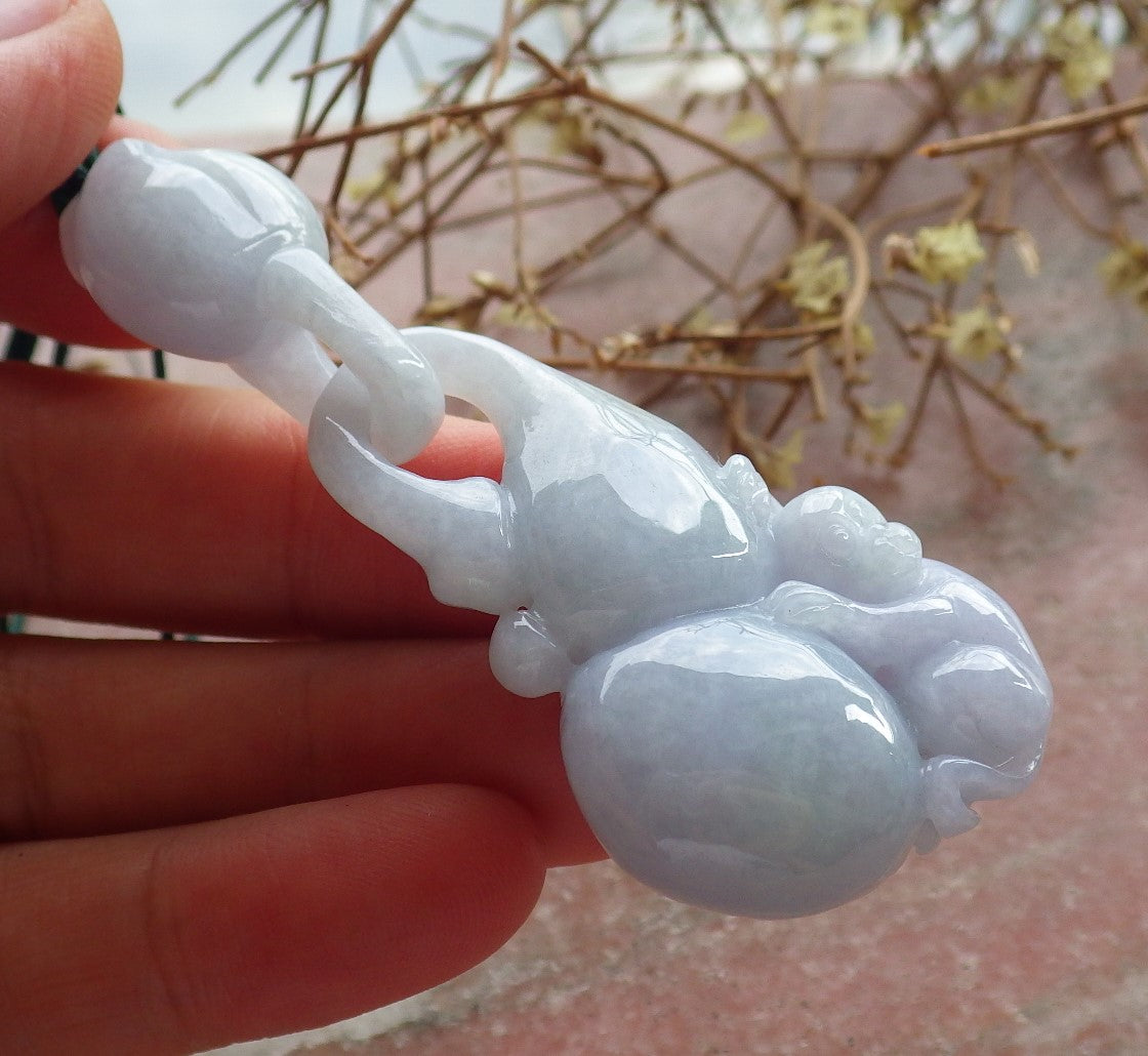 Certified Lavender Green Burma 100% Natural A Jade jadeite Pendant Monkey Gourd Coin W Ring 猴子 634604  TN