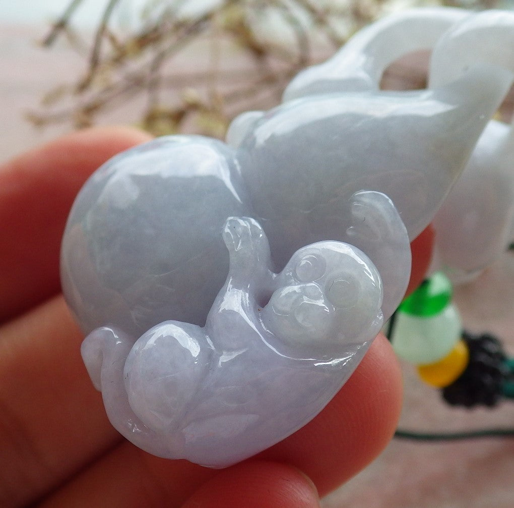 Certified Lavender Green Burma 100% Natural A Jade jadeite Pendant Monkey Gourd Coin W Ring 猴子 634604  TN