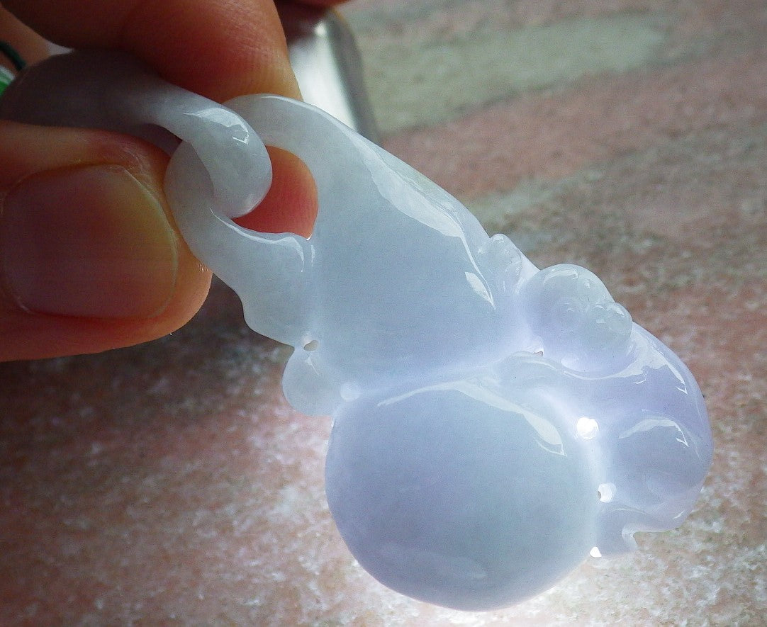Certified Lavender Green Burma 100% Natural A Jade jadeite Pendant Monkey Gourd Coin W Ring 猴子 634604  TN