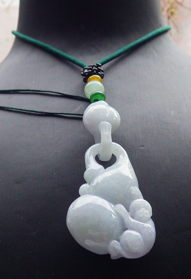 Certified Lavender Green Burma 100% Natural A Jade jadeite Pendant Monkey Gourd Coin W Ring 猴子 634604  TN