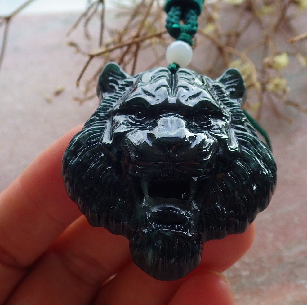 Certified Icy Green Burma 100% Natural A Jade jadeite Pendant Tiger Head Necklace 虎虎生威 634613  TN