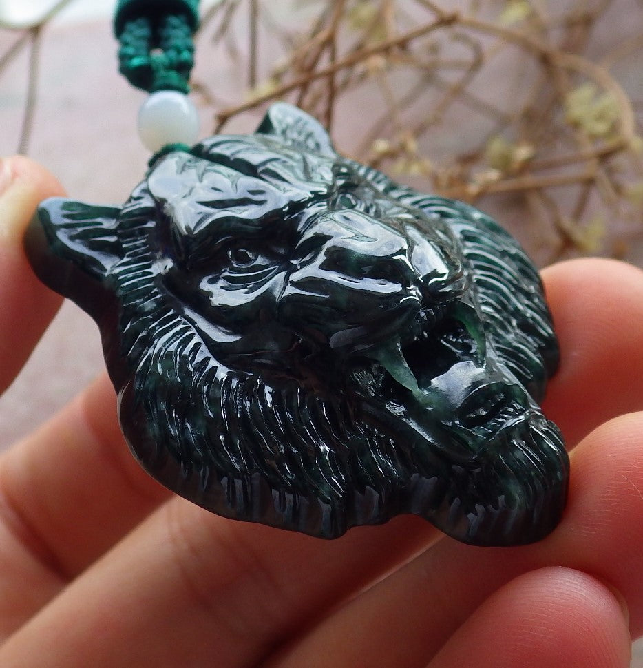 Certified Icy Green Burma 100% Natural A Jade jadeite Pendant Tiger Head Necklace 虎虎生威 634613  TN